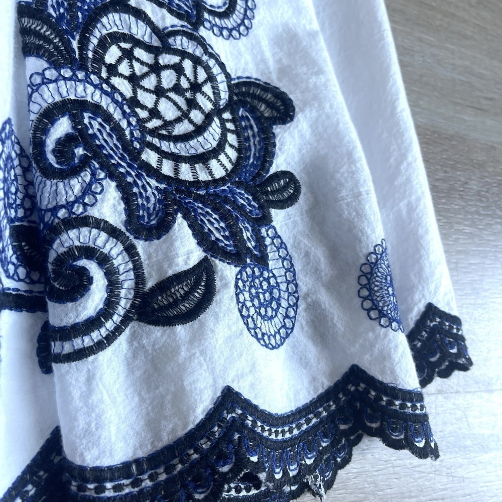 Forgotten Grace White Skirt M Navy Embroidered Scalloped Full Boho Midi - Picture 3 of 5